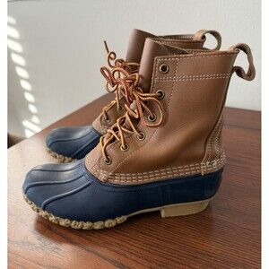 LL Bean 8 Inch Leather Duck Boots Waterproof Snow Tan Navy Womens Size 6 M